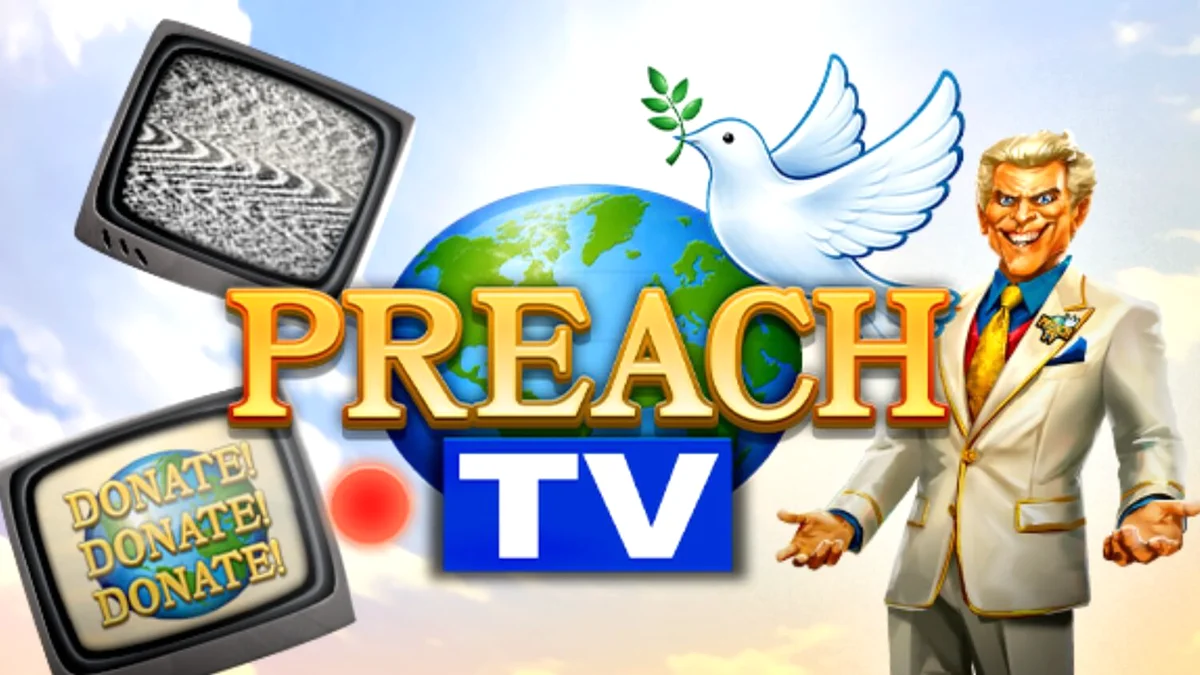 Tampilan visual slot Preach TV dengan tema studio televisi retro tahun 90-an.
