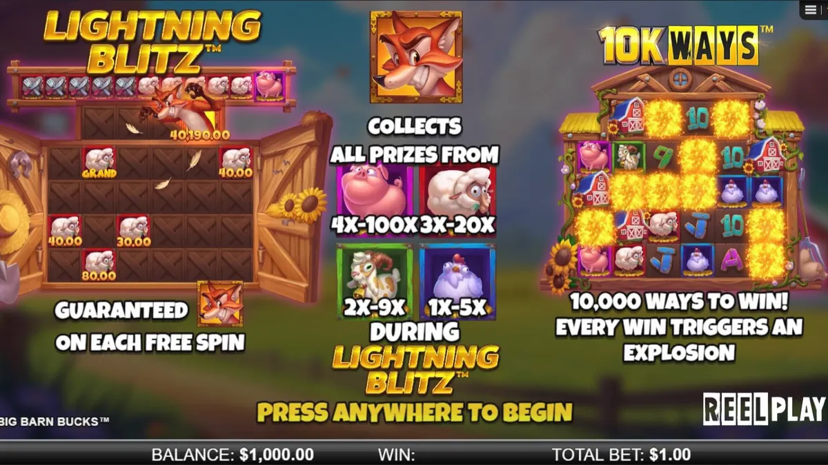 Tampilan layar slot Big Barn Bucks dengan tema pertanian yang ceria dan simbol hewan kartun