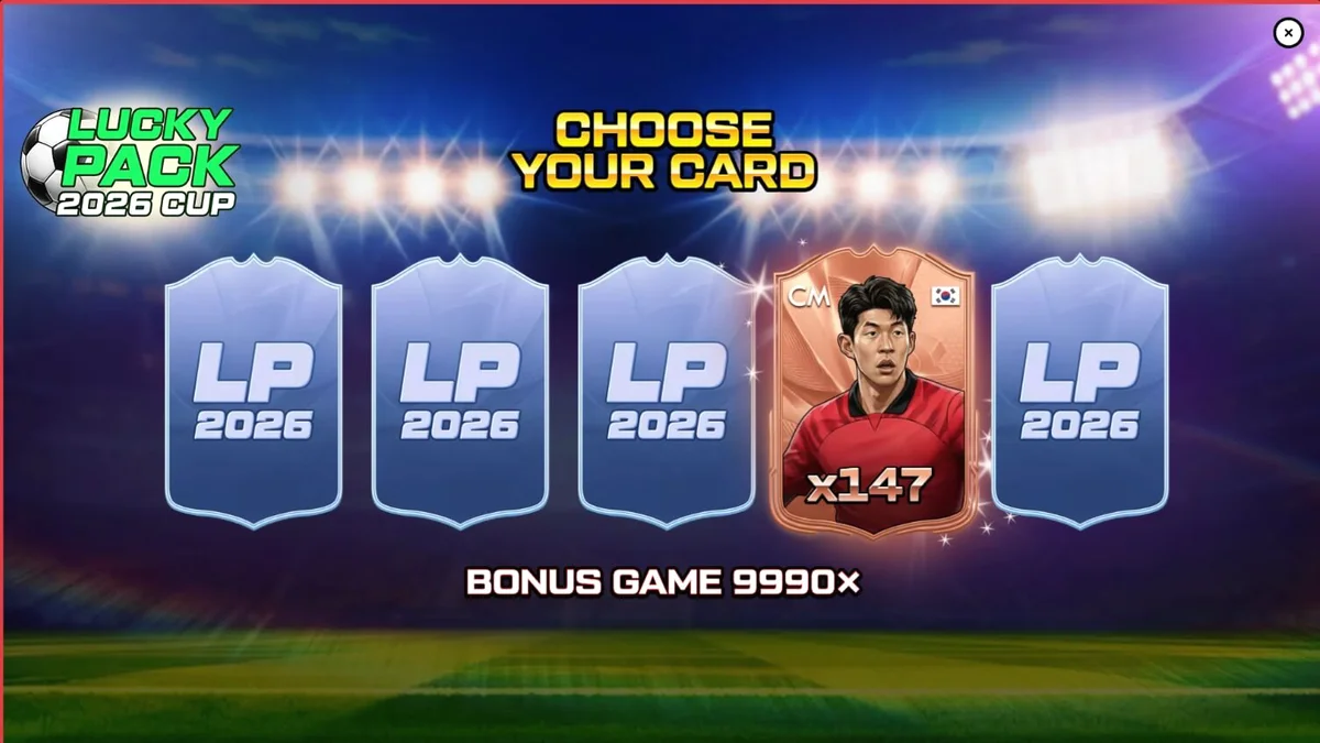 Tampilan layar permainan slot Lucky Pack 2026 Cup dengan stadion sepak bola dan simbol-simbol bertema