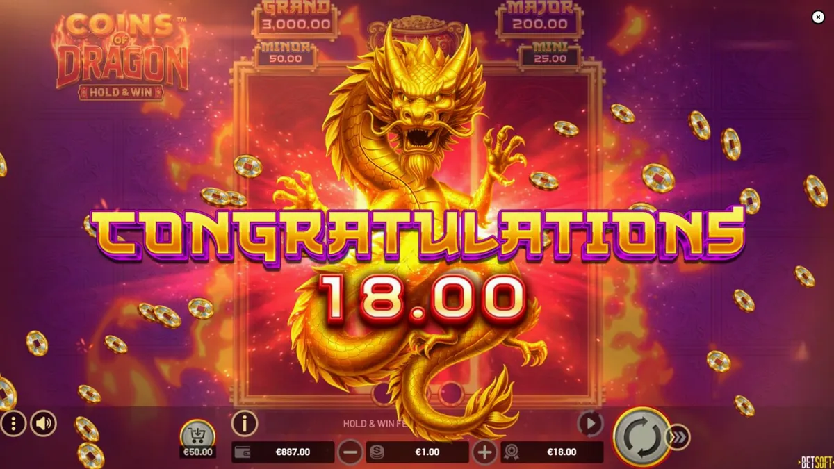 Tampilan visual slot Coins of Dragon – Hold & Win dengan tema naga emas dan simbol Oriental.